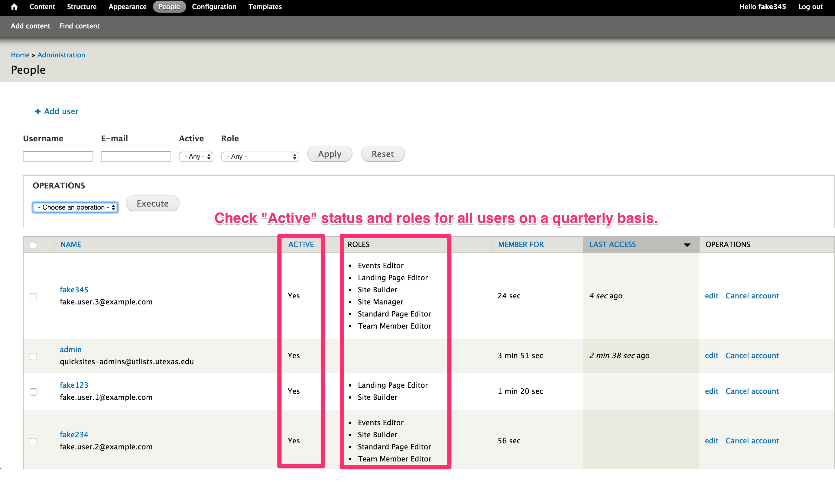 Screenshot of user admin page, highlight roles and active status